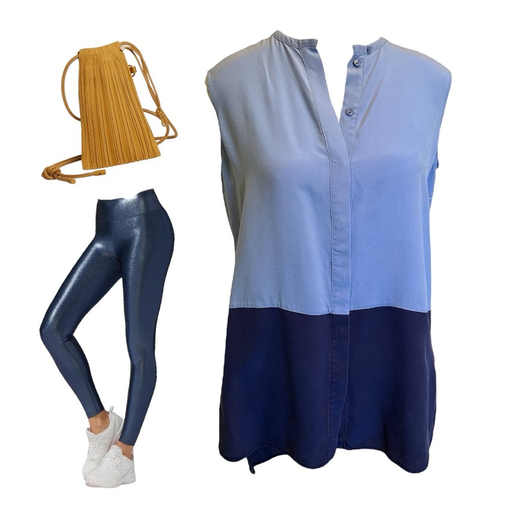 Vince Silk Colorblock Sleeveless Blouse in Blue. SP Small Petite - Picture 4 of 11